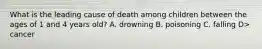 What is the leading cause of death among children between the ages of 1 and 4 years old? A. drowning B. poisoning C. falling D> cancer