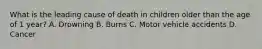 What is the leading cause of death in children older than the age of 1 year? A. Drowning B. Burns C. Motor vehicle accidents D. Cancer