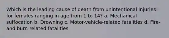 Which is the leading cause of death from unintentional injuries for females ranging in age from 1 to 14? a. Mechanical suffocation b. Drowning c. Motor-vehicle-related fatalities d. Fire- and burn-related fatalities