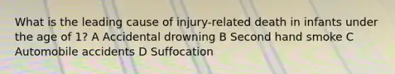 What is the leading cause of injury-related death in infants under the age of 1? A Accidental drowning B Second hand smoke C Automobile accidents D Suffocation