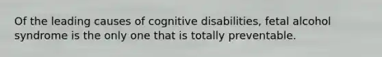 Of the leading causes of cognitive disabilities, fetal alcohol syndrome is the only one that is totally preventable.