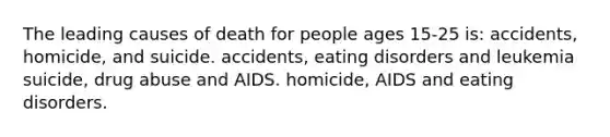 The leading causes of death for people ages 15-25 is: accidents, homicide, and suicide. accidents, eating disorders and leukemia suicide, drug abuse and AIDS. homicide, AIDS and eating disorders.