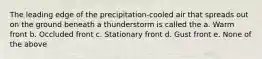 The leading edge of the precipitation-cooled air that spreads out on the ground beneath a thunderstorm is called the a. Warm front b. Occluded front c. Stationary front d. Gust front e. None of the above