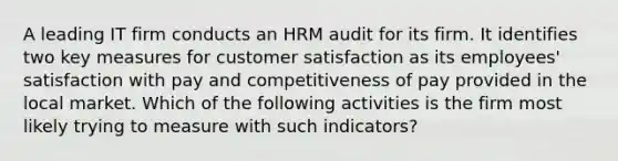 A leading IT firm conducts an HRM audit for its firm. It identifies two key measures for customer satisfaction as its employees' satisfaction with pay and competitiveness of pay provided in the local market. Which of the following activities is the firm most likely trying to measure with such indicators?