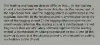 The leading and lagging strands differ in that... A) the leading strand is synthesized in the same direction as the movement of the replication fork, and the lagging strand is synthesized in the opposite direction B) the leading strand is synthesized twice the rate of the lagging strand C) the lagging strand is synthesized continuously, whereas the leading strand is synthesized in short fragments that are ultimately stitched together D) the leading strand is synthesized by adding nucleotides to the 3' end of the growing strand, and the lagging strand is synthesized by adding nucleotides to the 5' end