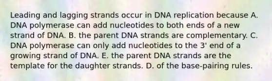 Leading and lagging strands occur in DNA replication because A. DNA polymerase can add nucleotides to both ends of a new strand of DNA. B. the parent DNA strands are complementary. C. DNA polymerase can only add nucleotides to the 3' end of a growing strand of DNA. E. the parent DNA strands are the template for the daughter strands. D. of the base‑pairing rules.