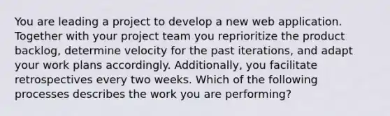 You are leading a project to develop a new web application. Together with your project team you reprioritize the product backlog, determine velocity for the past iterations, and adapt your work plans accordingly. Additionally, you facilitate retrospectives every two weeks. Which of the following processes describes the work you are performing?