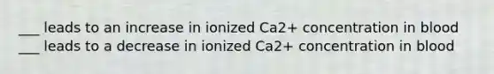 ___ leads to an increase in ionized Ca2+ concentration in blood ___ leads to a decrease in ionized Ca2+ concentration in blood