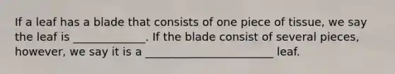 If a leaf has a blade that consists of one piece of tissue, we say the leaf is _____________. If the blade consist of several pieces, however, we say it is a _______________________ leaf.