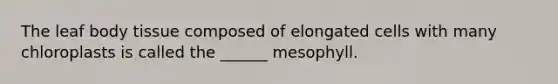 The leaf body tissue composed of elongated cells with many chloroplasts is called the ______ mesophyll.