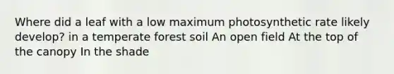 Where did a leaf with a low maximum photosynthetic rate likely develop? in a temperate forest soil An open field At the top of the canopy In the shade