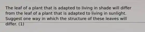 The leaf of a plant that is adapted to living in shade will differ from the leaf of a plant that is adapted to living in sunlight. Suggest one way in which the structure of these leaves will differ. (1)