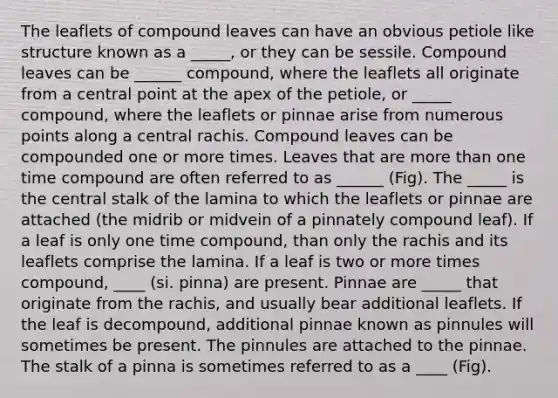 The leaflets of compound leaves can have an obvious petiole like structure known as a _____, or they can be sessile. Compound leaves can be ______ compound, where the leaflets all originate from a central point at the apex of the petiole, or _____ compound, where the leaflets or pinnae arise from numerous points along a central rachis. Compound leaves can be compounded one or more times. Leaves that are more than one time compound are often referred to as ______ (Fig). The _____ is the central stalk of the lamina to which the leaflets or pinnae are attached (the midrib or midvein of a pinnately compound leaf). If a leaf is only one time compound, than only the rachis and its leaflets comprise the lamina. If a leaf is two or more times compound, ____ (si. pinna) are present. Pinnae are _____ that originate from the rachis, and usually bear additional leaflets. If the leaf is decompound, additional pinnae known as pinnules will sometimes be present. The pinnules are attached to the pinnae. The stalk of a pinna is sometimes referred to as a ____ (Fig).