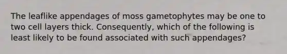 The leaflike appendages of moss gametophytes may be one to two cell layers thick. Consequently, which of the following is least likely to be found associated with such appendages?