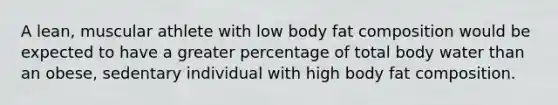 A lean, muscular athlete with low body fat composition would be expected to have a greater percentage of total body water than an obese, sedentary individual with high body fat composition.