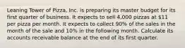 Leaning Tower of Pizza, Inc. is preparing its master budget for its first quarter of business. It expects to sell 4,000 pizzas at 11 per pizza per month. It expects to collect 90% of the sales in the month of the sale and 10% in the following month. Calculate its accounts receivable balance at the end of its first quarter.