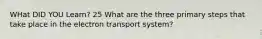 WHat DID YOU Learn? 25 What are the three primary steps that take place in the electron transport system?