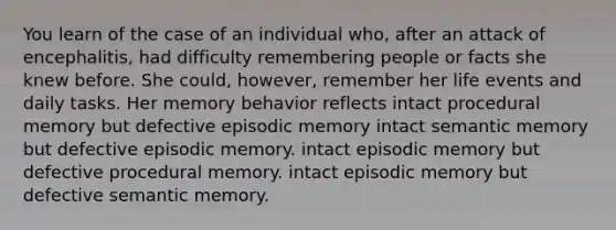 You learn of the case of an individual who, after an attack of encephalitis, had difficulty remembering people or facts she knew before. She could, however, remember her life events and daily tasks. Her memory behavior reflects intact procedural memory but defective episodic memory intact semantic memory but defective episodic memory. intact episodic memory but defective procedural memory. intact episodic memory but defective semantic memory.