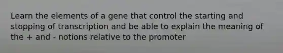 Learn the elements of a gene that control the starting and stopping of transcription and be able to explain the meaning of the + and - notions relative to the promoter