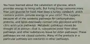 You have learned about the catabolism of glucose, which provides energy to living cells. But living things consume more than just glucose for food. How does a turkey sandwich, which contains protein, provide energy to your cells? This happens because all of the catabolic pathways for carbohydrates, proteins, and lipids eventually connect into glycolysis and the citric acid cycle pathways. Metabolic pathways should be thought of as porous—that is, substances enter from other pathways, and other substances leave for other pathways. These pathways are not closed systems. Many of the products in a particular pathway are reactants in other pathways.