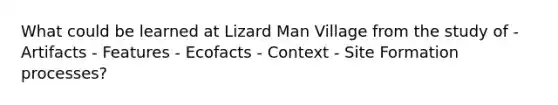 What could be learned at Lizard Man Village from the study of - Artifacts - Features - Ecofacts - Context - Site Formation processes?