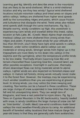 Learning goal 6g: Identify and describe areas in the mountains that are likely to be wind-sheltered. What is a wind-sheltered location and why are they less windy? Typical wind-sheltered locations include mountain valleys and treed areas on slopes and within valleys. Valleys are sheltered from higher wind speeds aloft by the surrounding ridges and peaks, which cause friction and turbulence that dissipate the wind. Treed areas also reduce wind speeds aloft through the same mechanisms. Fig. 6g.1 - Despite stormy, windy conditions up high, this snowshoer is experiencing calm winds and snowfall within this treed, valley location at Falls Lake, BC. (Credit: West) Alpine (high elevation, treeless) valleys are more sheltered from strong winds than ridges and peaks. If pressure-level winds for your altitude are <a href='https://www.questionai.com/knowledge/k7BtlYpAMX-less-than' class='anchor-knowledge'>less than</a> 50 km/h, you'll likely have light wind speeds in valleys. However, under some conditions alpine valleys can see moderate or strong winds. Stronger winds from higher up in the troposphere are more likely to mix down into valleys in the daytime and the springtime, when the temperature profile tends to be less stable. Thermally-driven (Learning Goal 6b) and terrain-channelled flows (Learning Goal 6m, covered later) are other possible exceptions. Overnight in particular, thermally-driven downslope flows can bring moderate winds to alpine valleys. Lighter winds are also expected on forested slopes and valleys. In mature tall forests, strong winds virtually never make it to the forest floor. However, the treetops may be experiencing much windier conditions than you are experiencing at ground level. In strong winds, you may notice the trees swaying and creaking. Tree bombs can be a hazard in these conditions. These are large clumps of snow suspended in tree branches that may fall and hit unsuspecting skiers. They can weigh tens of kilograms, and have a real potential to injure skiers. Fig. 6g.2 - Trees on Cypress Mountain in the BC backcountry, heavily loaded with snow. In windy conditions the large clumps of snow can fall as "tree bombs". (Credit: West) Low-wind conditions make treed valleys the most weather-friendly places to camp. An additional benefit of forested valley locations that have mature (large 50+ year-old trees) is that they are generally safe from avalanches.
