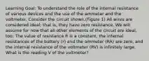 Learning Goal: To understand the role of the internal resistance of various devices and the use of the ammeter and the voltmeter. Consider the circuit shown.(Figure 1) All wires are considered ideal; that is, they have zero resistance. We will assume for now that all other elements of the circuit are ideal, too: The value of resistance R is a constant, the internal resistances of the battery (r) and the ammeter (RA) are zero, and the internal resistance of the voltmeter (RV) is infinitely large. What is the reading V of the voltmeter?