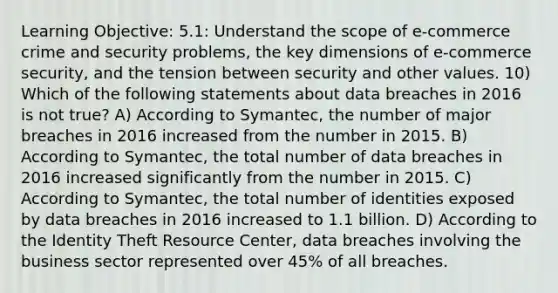 Learning Objective: 5.1: Understand the scope of e-commerce crime and security problems, the key dimensions of e-commerce security, and the tension between security and other values. 10) Which of the following statements about data breaches in 2016 is not true? A) According to Symantec, the number of major breaches in 2016 increased from the number in 2015. B) According to Symantec, the total number of data breaches in 2016 increased significantly from the number in 2015. C) According to Symantec, the total number of identities exposed by data breaches in 2016 increased to 1.1 billion. D) According to the Identity Theft Resource Center, data breaches involving the business sector represented over 45% of all breaches.