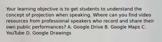 Your learning objective is to get students to understand the concept of projection when speaking. Where can you find video resources from professional speakers who record and share their own public performances? A. Google Drive B. Google Maps C. YouTube D. Google Drawings