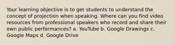 Your learning objective is to get students to understand the concept of projection when speaking. Where can you find video resources from professional speakers who record and share their own public performances? a. YouTube b. Google Drawings c. Google Maps d. Google Drive