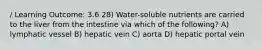 / Learning Outcome: 3.6 28) Water-soluble nutrients are carried to the liver from the intestine via which of the following? A) lymphatic vessel B) hepatic vein C) aorta D) hepatic portal vein