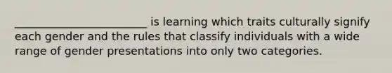 ________________________ is learning which traits culturally signify each gender and the rules that classify individuals with a wide range of gender presentations into only two categories.