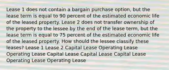 Lease 1 does not contain a bargain purchase option, but the lease term is equal to 90 percent of the estimated economic life of the leased property. Lease 2 does not transfer ownership of the property to the lessee by the end of the lease term, but the lease term is equal to 75 percent of the estimated economic life of the leased property. How should the lessee classify these leases? Lease 1 Lease 2 Capital Lease Operating Lease Operating Lease Capital Lease Capital Lease Capital Lease Operating Lease Operating Lease