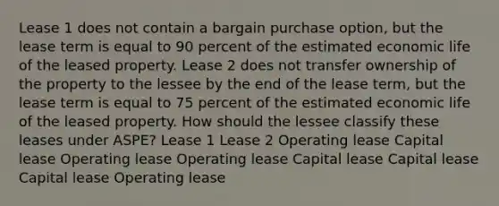 Lease 1 does not contain a bargain purchase option, but the lease term is equal to 90 percent of the estimated economic life of the leased property. Lease 2 does not transfer ownership of the property to the lessee by the end of the lease term, but the lease term is equal to 75 percent of the estimated economic life of the leased property. How should the lessee classify these leases under ASPE? Lease 1 Lease 2 Operating lease Capital lease Operating lease Operating lease Capital lease Capital lease Capital lease Operating lease