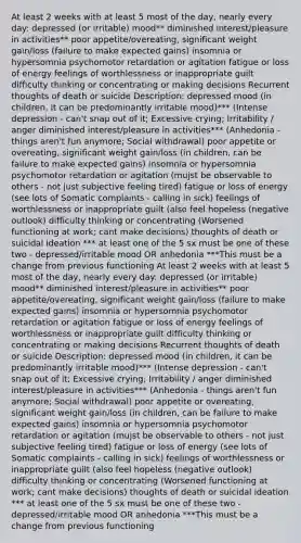At least 2 weeks with at least 5 most of the day, nearly every day: depressed (or irritable) mood** diminished interest/pleasure in activities** poor appetite/overeating, significant weight gain/loss (failure to make expected gains) insomnia or hypersomnia psychomotor retardation or agitation fatigue or loss of energy feelings of worthlessness or inappropriate guilt difficulty thinking or concentrating or making decisions Recurrent thoughts of death or suicide Description: depressed mood (in children, it can be predominantly irritable mood)*** (Intense depression - can't snap out of it; Excessive crying; Irritability / anger diminished interest/pleasure in activities*** (Anhedonia - things aren't fun anymore; Social withdrawal) poor appetite or overeating, significant weight gain/loss (in children, can be failure to make expected gains) insomnia or hypersomnia psychomotor retardation or agitation (mujst be observable to others - not just subjective feeling tired) fatigue or loss of energy (see lots of Somatic complaints - calling in sick) feelings of worthlessness or inappropriate guilt (also feel hopeless (negative outlook) difficulty thinking or concentrating (Worsened functioning at work; cant make decisions) thoughts of death or suicidal ideation *** at least one of the 5 sx must be one of these two - depressed/irritable mood OR anhedonia ***This must be a change from previous functioning At least 2 weeks with at least 5 most of the day, nearly every day: depressed (or irritable) mood** diminished interest/pleasure in activities** poor appetite/overeating, significant weight gain/loss (failure to make expected gains) insomnia or hypersomnia psychomotor retardation or agitation fatigue or loss of energy feelings of worthlessness or inappropriate guilt difficulty thinking or concentrating or making decisions Recurrent thoughts of death or suicide Description: depressed mood (in children, it can be predominantly irritable mood)*** (Intense depression - can't snap out of it; Excessive crying; Irritability / anger diminished interest/pleasure in activities*** (Anhedonia - things aren't fun anymore; Social withdrawal) poor appetite or overeating, significant weight gain/loss (in children, can be failure to make expected gains) insomnia or hypersomnia psychomotor retardation or agitation (mujst be observable to others - not just subjective feeling tired) fatigue or loss of energy (see lots of Somatic complaints - calling in sick) feelings of worthlessness or inappropriate guilt (also feel hopeless (negative outlook) difficulty thinking or concentrating (Worsened functioning at work; cant make decisions) thoughts of death or suicidal ideation *** at least one of the 5 sx must be one of these two - depressed/irritable mood OR anhedonia ***This must be a change from previous functioning