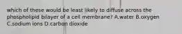 which of these would be least likely to diffuse across the phospholipid bilayer of a cell membrane? A.water B.oxygen C.sodium ions D.carbon dioxide