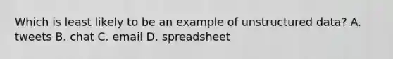 Which is least likely to be an example of unstructured data? A. tweets B. chat C. email D. spreadsheet