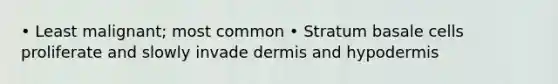 • Least malignant; most common • Stratum basale cells proliferate and slowly invade dermis and hypodermis