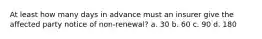 At least how many days in advance must an insurer give the affected party notice of non-renewal? a. 30 b. 60 c. 90 d. 180