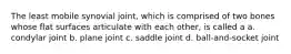 The least mobile synovial joint, which is comprised of two bones whose flat surfaces articulate with each other, is called a a. condylar joint b. plane joint c. saddle joint d. ball-and-socket joint