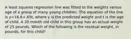 A least squares regression line was fitted to the weights versus age of a group of many young children. The equation of the line is y=16.6+.65t, where y is the predicted weight and t is the age of child. A 20 month old child in this group has an actual weight of 25 pounds. Which of the following is the residual weight, in pounds, for this child?