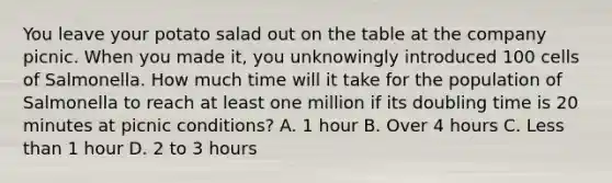 You leave your potato salad out on the table at the company picnic. When you made it, you unknowingly introduced 100 cells of Salmonella. How much time will it take for the population of Salmonella to reach at least one million if its doubling time is 20 minutes at picnic conditions? A. 1 hour B. Over 4 hours C. Less than 1 hour D. 2 to 3 hours