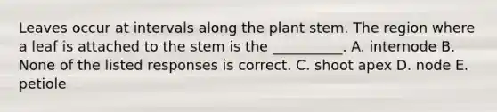 Leaves occur at intervals along the plant stem. The region where a leaf is attached to the stem is the __________. A. internode B. None of the listed responses is correct. C. shoot apex D. node E. petiole