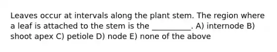 Leaves occur at intervals along the plant stem. The region where a leaf is attached to the stem is the __________. A) internode B) shoot apex C) petiole D) node E) none of the above