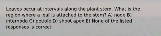 Leaves occur at intervals along the plant stem. What is the region where a leaf is attached to the stem? A) node B) internode C) petiole D) shoot apex E) None of the listed responses is correct.