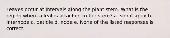 Leaves occur at intervals along the plant stem. What is the region where a leaf is attached to the stem? a. shoot apex b. internode c. petiole d. node e. None of the listed responses is correct.