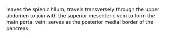 leaves the splenic hilum, travels transversely through the upper abdomen to join with the superior mesenteric vein to form the main portal vein; serves as the posterior medial border of the pancreas