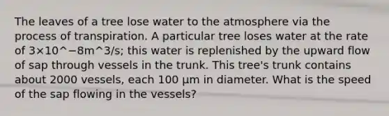 The leaves of a tree lose water to the atmosphere via the process of transpiration. A particular tree loses water at the rate of 3×10^−8m^3/s; this water is replenished by the upward flow of sap through vessels in the trunk. This tree's trunk contains about 2000 vessels, each 100 μm in diameter. What is the speed of the sap flowing in the vessels?