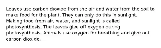 Leaves use carbon dioxide from the air and water from the soil to make food for the plant. They can only do this in sunlight. Making food from air, water, and sunlight is called photosynthesis. The leaves give off oxygen during photosynthesis. Animals use oxygen for breathing and give out carbon dioxide.