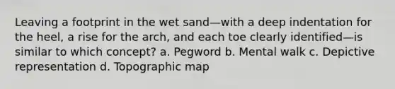 Leaving a footprint in the wet sand—with a deep indentation for the heel, a rise for the arch, and each toe clearly identified—is similar to which concept? a. Pegword b. Mental walk c. Depictive representation d. Topographic map